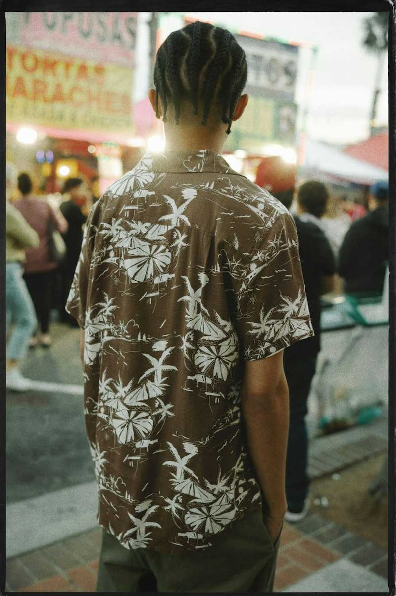 ★30%OFF★ BRIXTON S/Sシャツ "CHARTER SLUB S/S WOVEN" (Sepia Umbrella Scene)