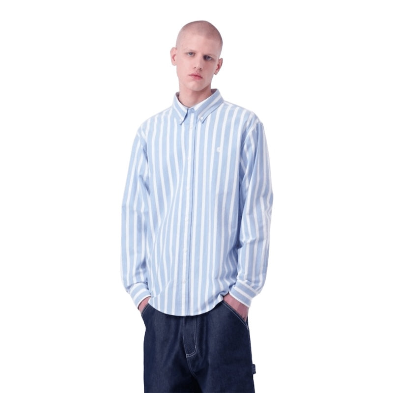 Carhartt WIP L/Sシャツ L/S DEVEN SHIRT ブルー/ホワイト着用画像 背面