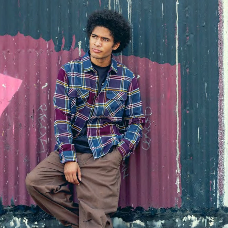 BRIXTON L/Sシャツ BOWERY L/S FLANNEL インディゴ/ポート 着用