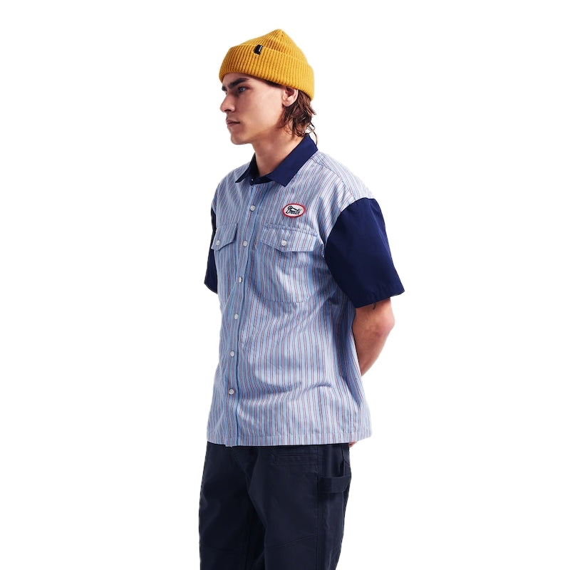 BRIXTON S/Sシャツ BUILDERS OLSON S/S SHIRT ブルー  着用画像 斜め