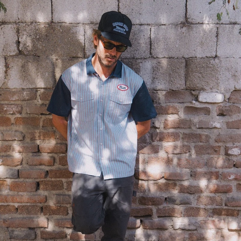 BRIXTON S/Sシャツ BUILDERS OLSON S/S SHIRT ブルー  着用画像 正面　2