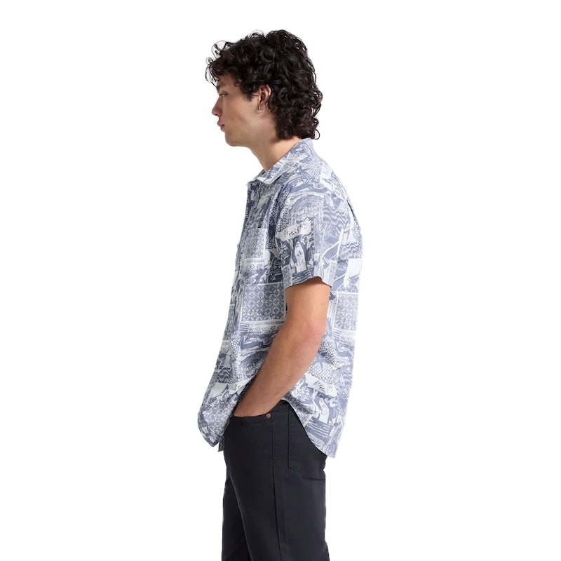 BRIXTON S/Sシャツ CHARTER PRINT S/S WVN ネイビー/ホワイト 着用画像 サイド