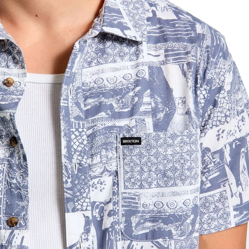 BRIXTON S/Sシャツ CHARTER PRINT S/S WVN ネイビー/ホワイト 着用画像 胸ポケット