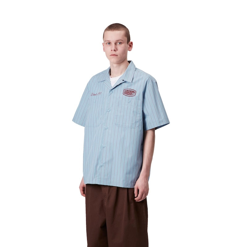 Carhartt WIP S/Sシャツ S/S HENDRY SHIRT ストライプ ブルー 着用画像 正面