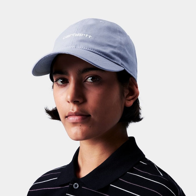 Carhartt WIP キャップ CANVAS SCRIPT CAP ライトブルー 着用画像