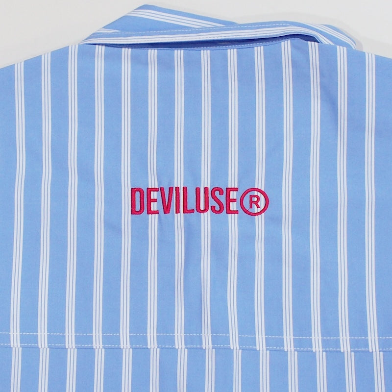 Deviluse L/Sシャツ STRIPE SHIRTS ブルー 正面 刺繍
