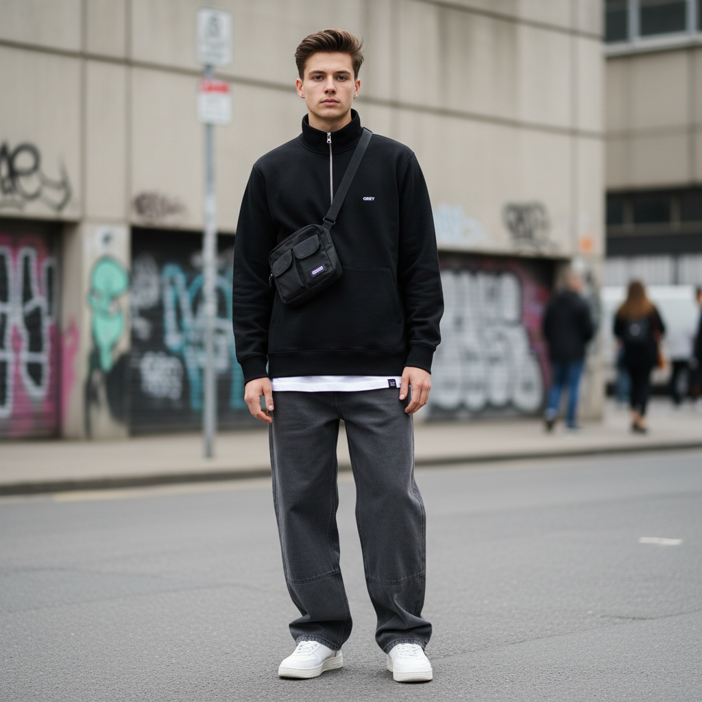 OBEY　ハーフジップスウェット　"ESTABLISHED WORKS BOLD MOCKNECK SWEAT"　(Black)