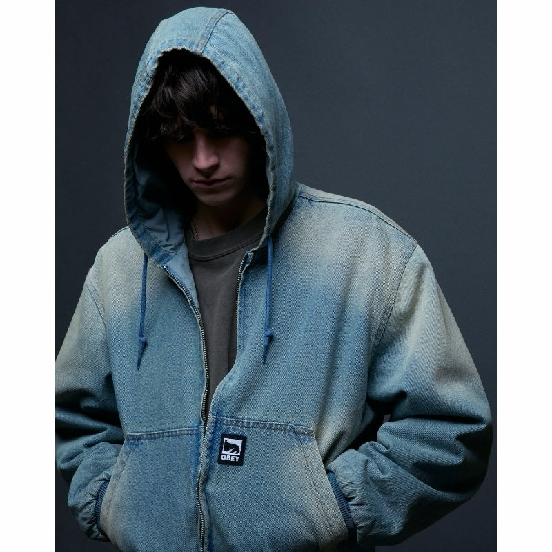 OBEY ジャケット GLEN ZIP UP JACKET インディゴ 着用画像 クローズアップ