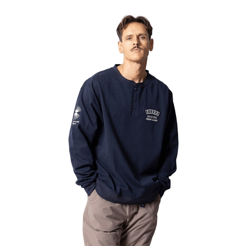 ROARK L/STシャツ ROAMING 14oz H/W HENLY NECK L/S TEE ネイビー 着用画像 正面 3