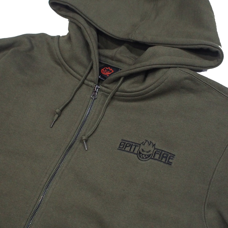 SPITFIRE パーカー LTB ARCH HEAVYWEIGHT ZIP UP HOODIE オリーブ 商品画像 正面 クローズアップ