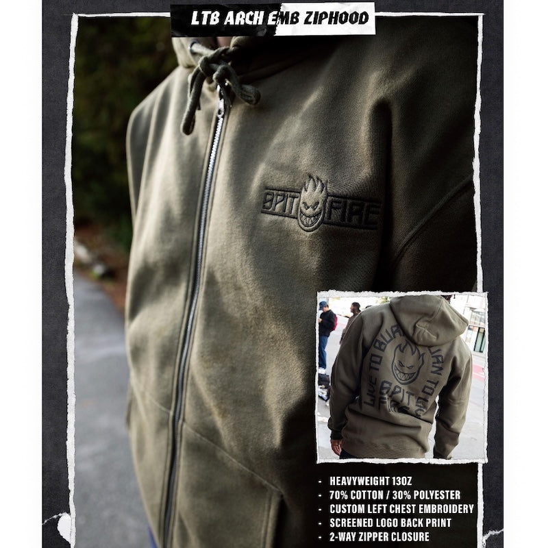 SPITFIRE パーカー LTB ARCH HEAVYWEIGHT ZIP UP HOODIE オリーブ 着用画像 正面