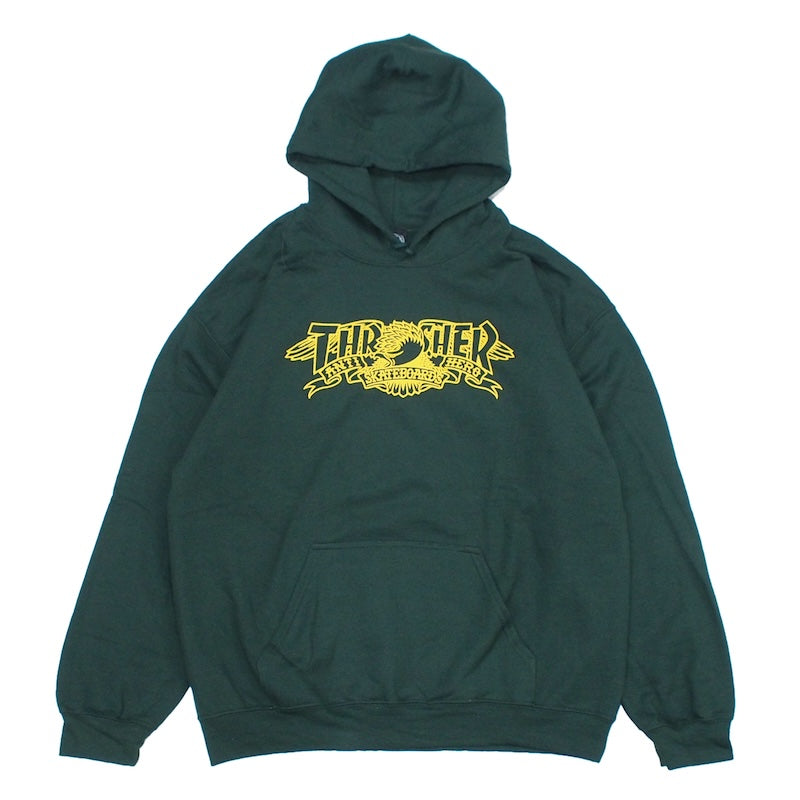 THRASHER x ANTI HERO　パーカー　"MAG BANNER HOODIE"　(Forest Green)