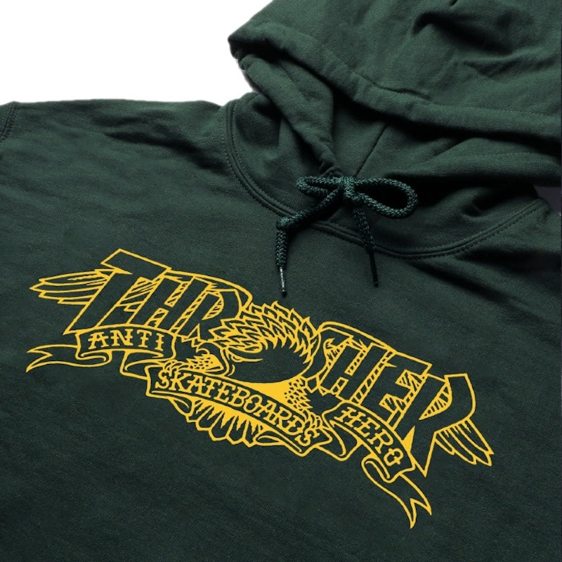 THRASHER x ANTI HERO　パーカー　"MAG BANNER HOODIE"　(Forest Green)