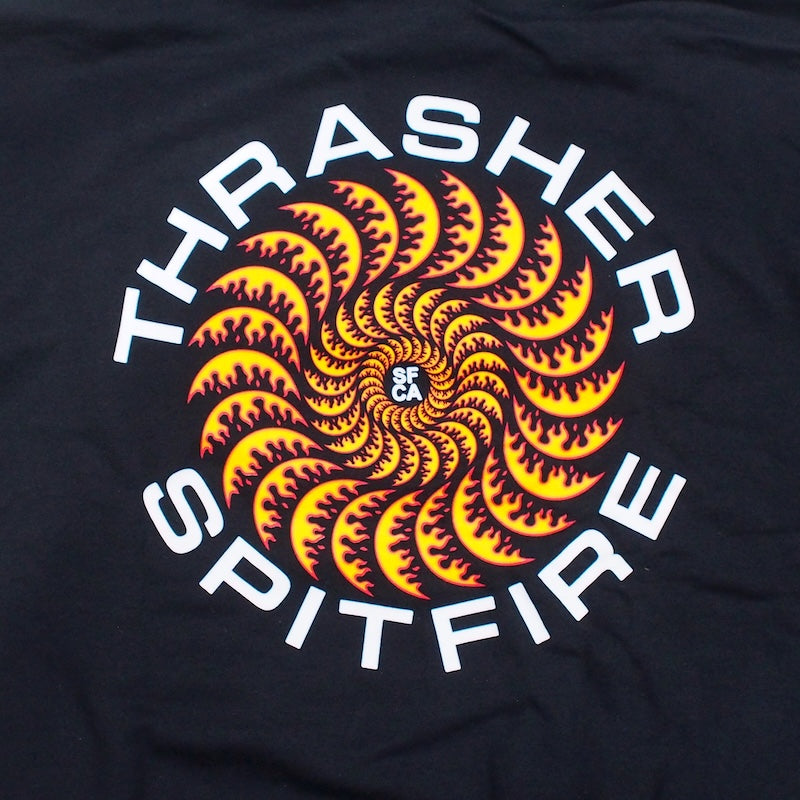 THRASHER x SPITFIRE コラボフードスウェット ブラック 背面 クローズアップ