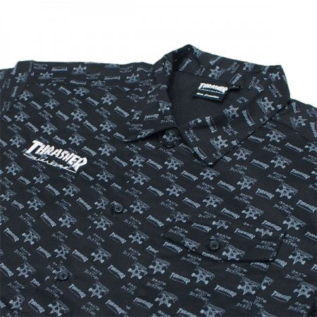 THRASHER　S/Sシャツ　"MAG/GOAT ALLOVER S/S WORK SHIRT"　(Black/Charcoal)
