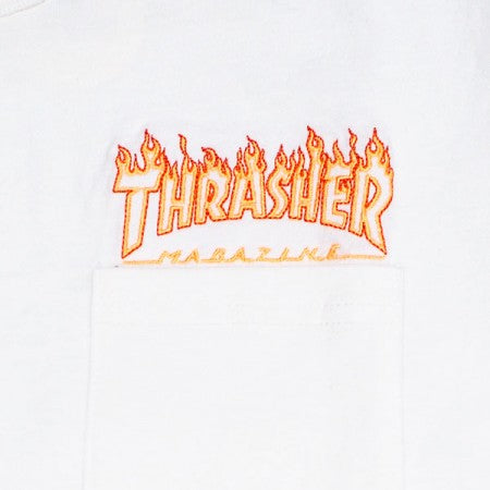 THRASHER　Tシャツ　"FLAME EMB. POCKET TEE"　(White/Orange)