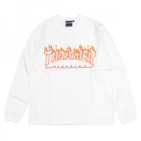 THRASHER　L/STシャツ　"FLAME OUTLINE US COTTON L/S TEE"　(White/Yellow)