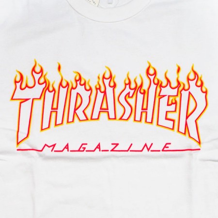 THRASHER　L/STシャツ　"FLAME OUTLINE US COTTON L/S TEE"　(White/Yellow)
